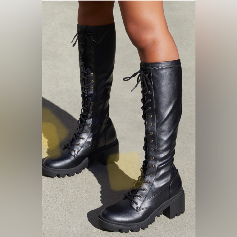 Shoe Dazzle Black Lace-Up Knee-High Combat Boots